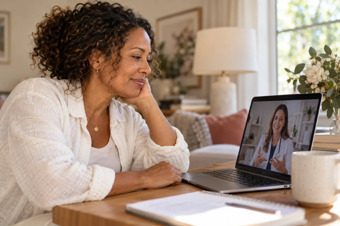 A woman at home talks with someone on a laptop video call.