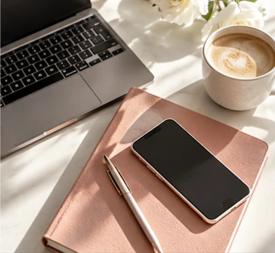 A laptop, phone, rose notebook and coffee on a bright desk.