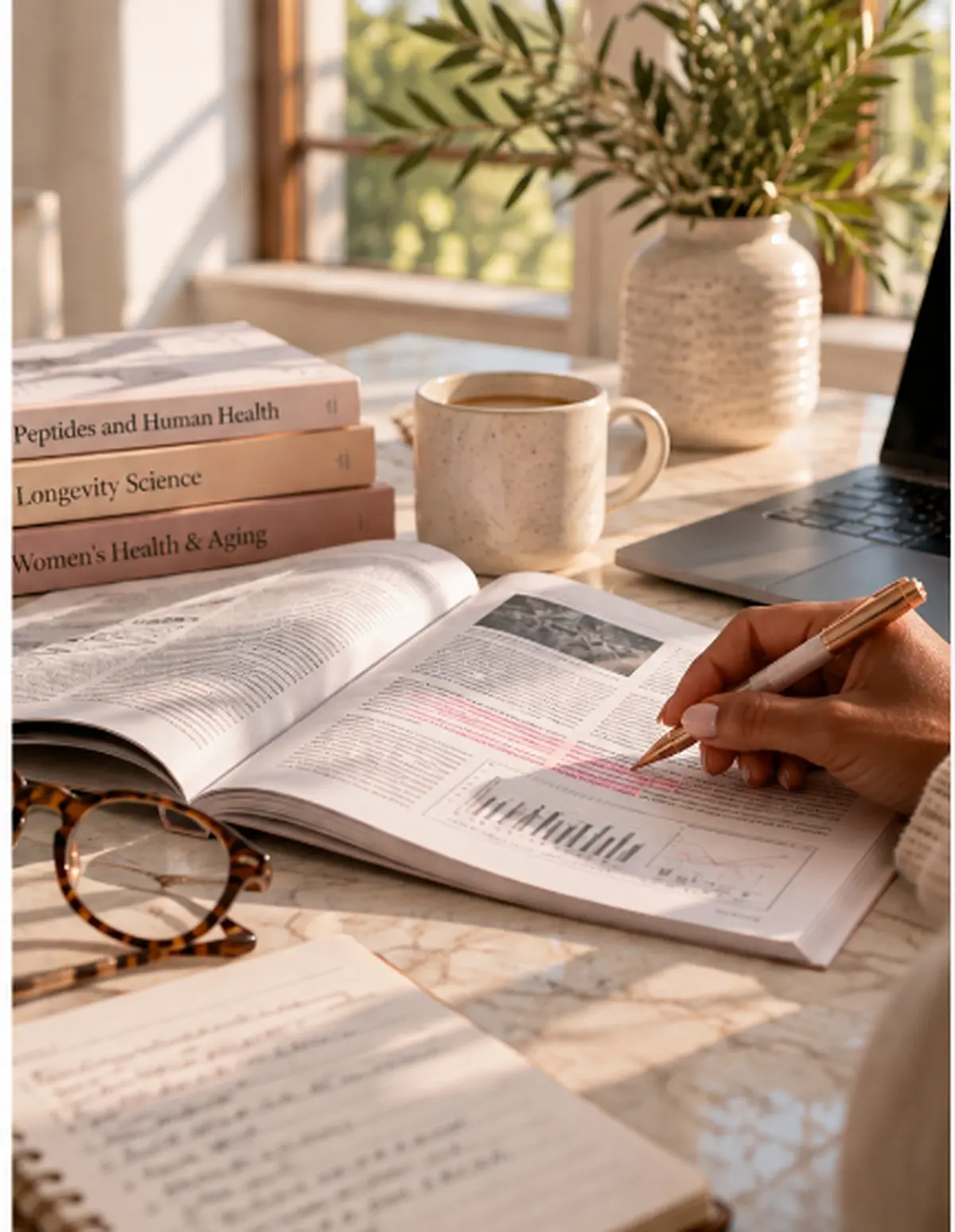 A woman reads research notes at a sunlit table with a laptop and journals.