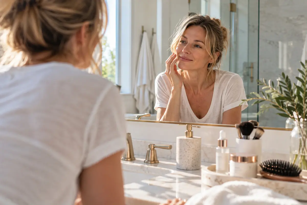 A woman smiles at her reflection at a bright bathroom vanity.